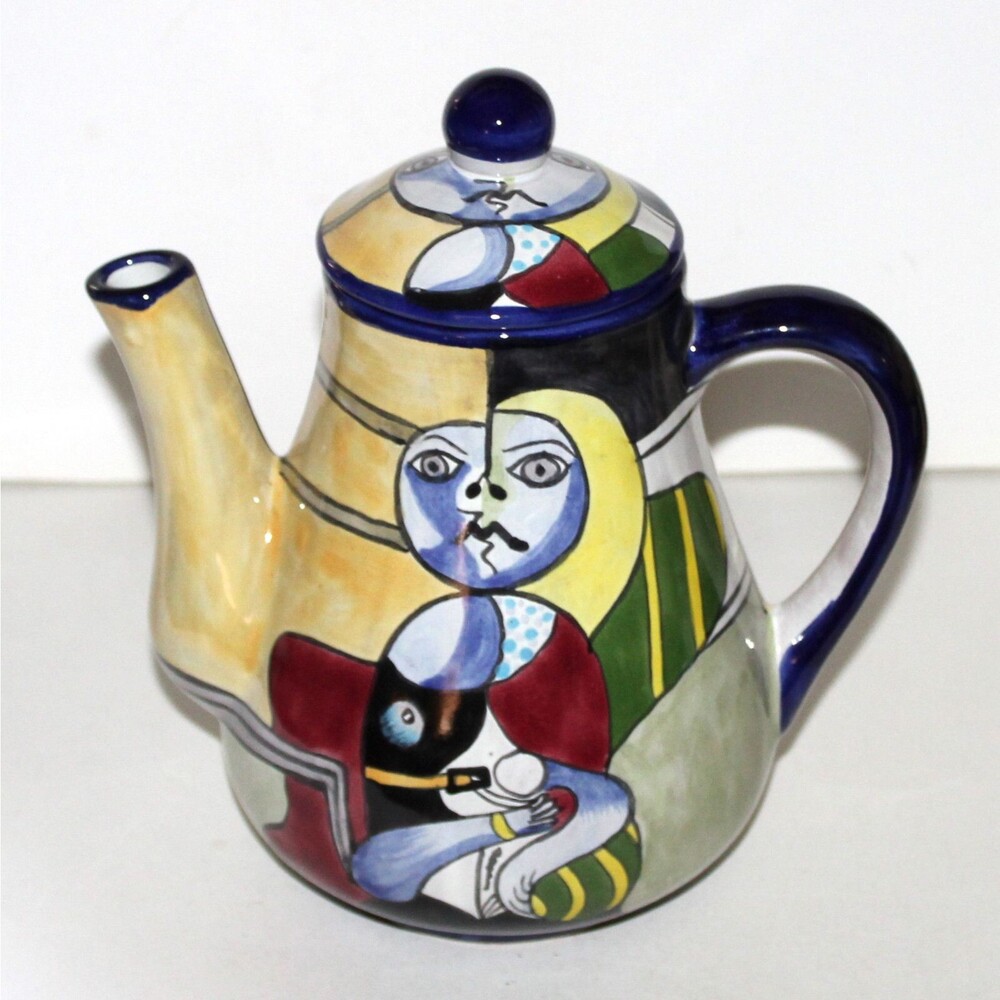 rare Teapot Mexico ceramic hand painted Picasso woman blue cubist art decor